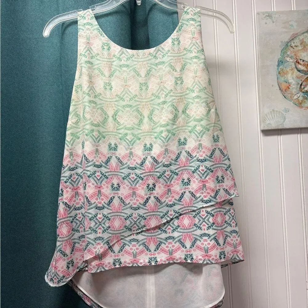 CAbi Multicolor Patterned Blouse - Pink and Green Size M
